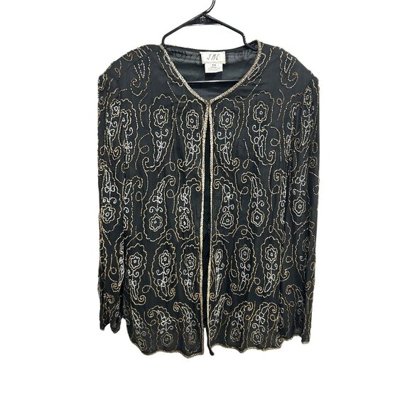 Vintage J.M.C. Beaded Paisley Floral Cardigan Jacket Black Gold Sz 3X Retro - Picture 1 of 10